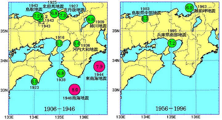 1946ǯϿ̤ȯ40ǯ֤ȺǶ40ǯ֤ˤ롤ᵦդϿ̳ư(M>6) 